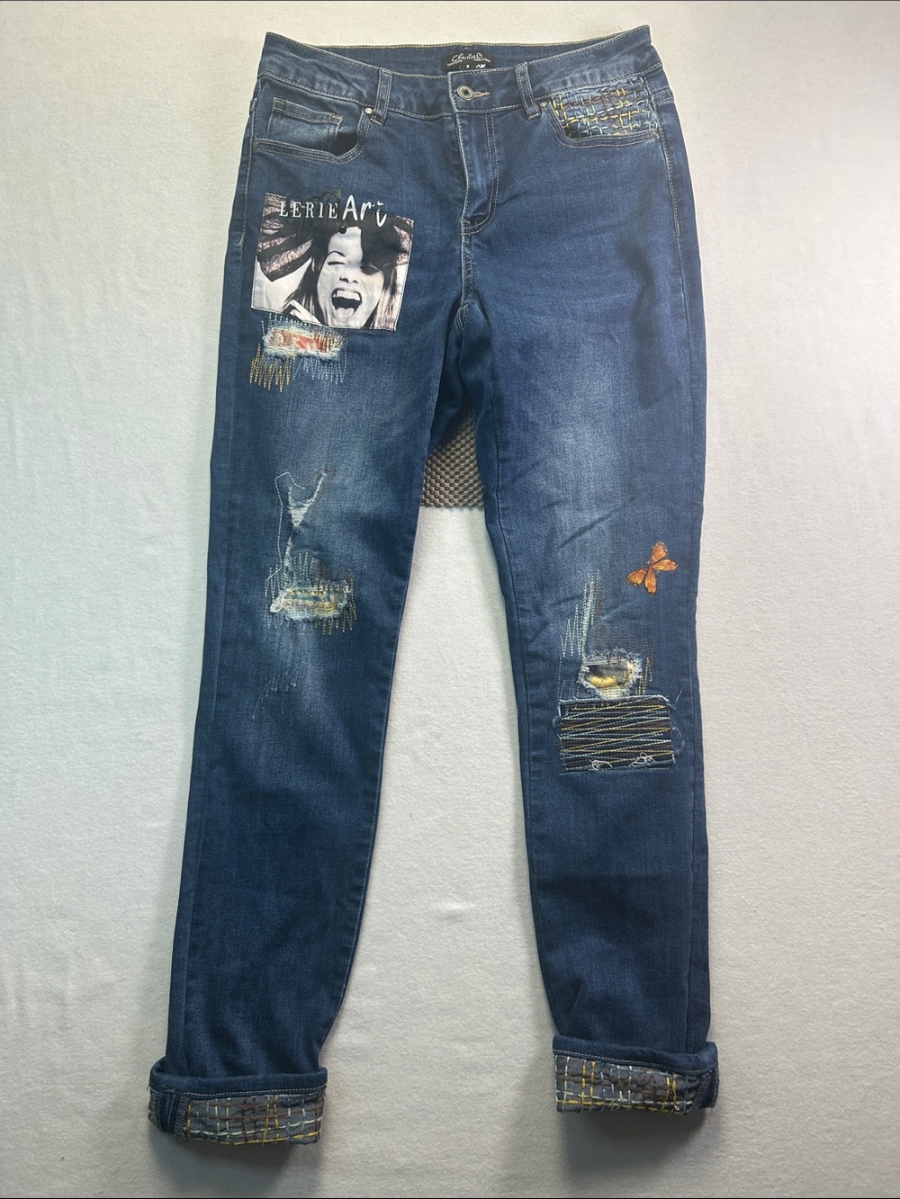 Charlies Dark Blue Boyfriend Jeans with Embroidered Butterfly & Patchwork